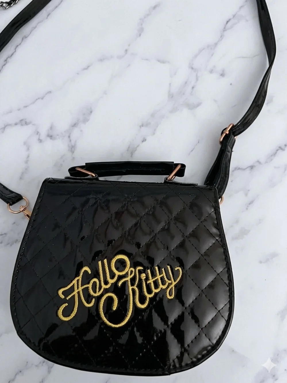 Sanrio Black Patent Hello Kitty Face Crossbody Bag with Gold Bow